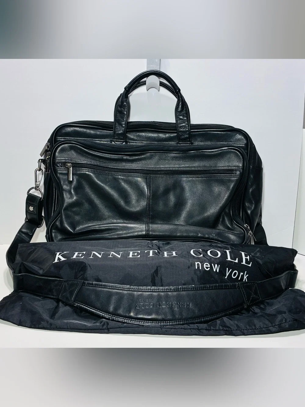 Y2K VTG Kenneth Cole New York Expandable Leather Laptop Briefcase Bag Black